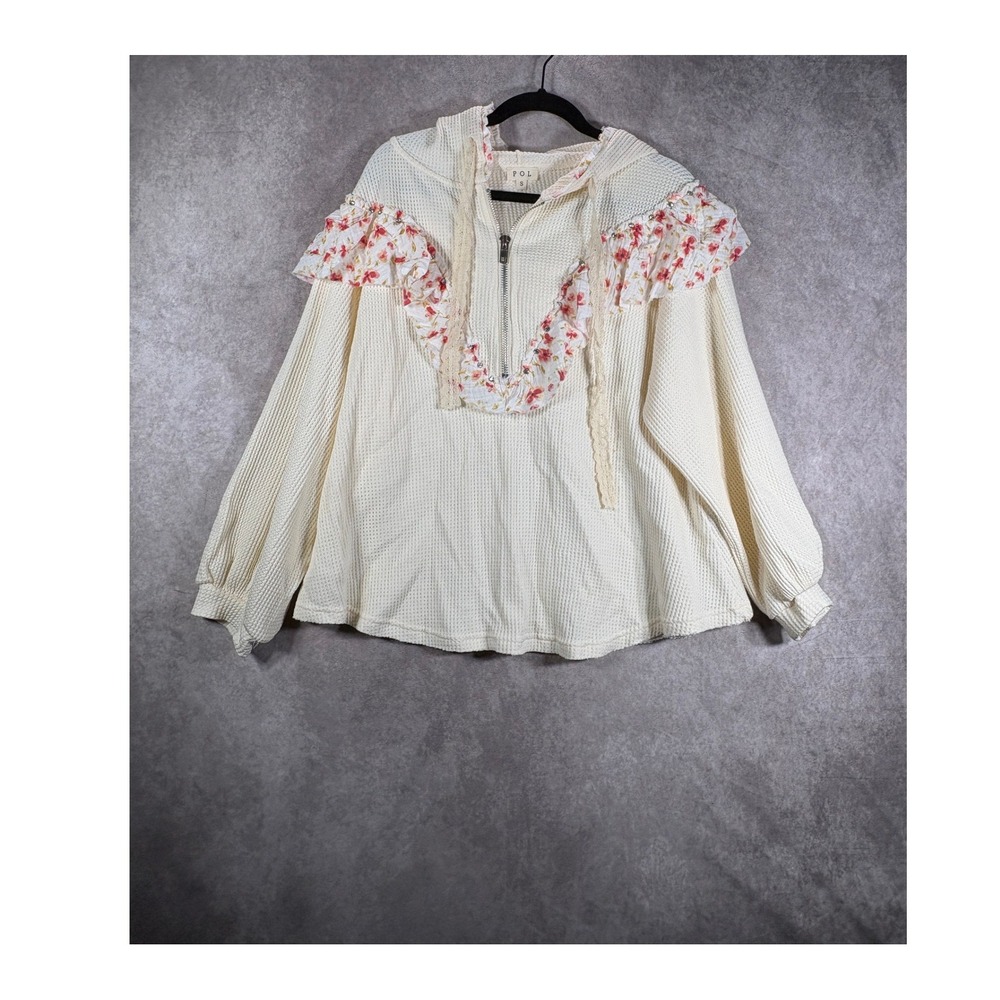 POL Hoodie Womens Small Ivory Floral Ruffle Waffle Knit Pullover Boho Cottage